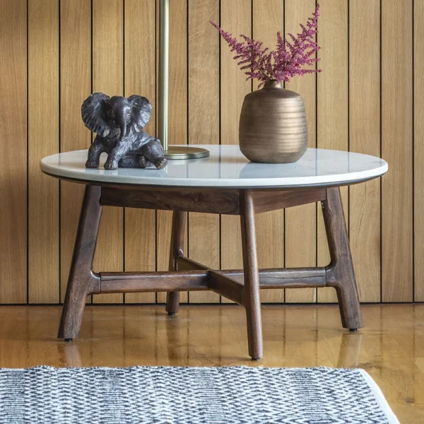 Akari Round Coffee Table, White Marble Top, Walnut Frame